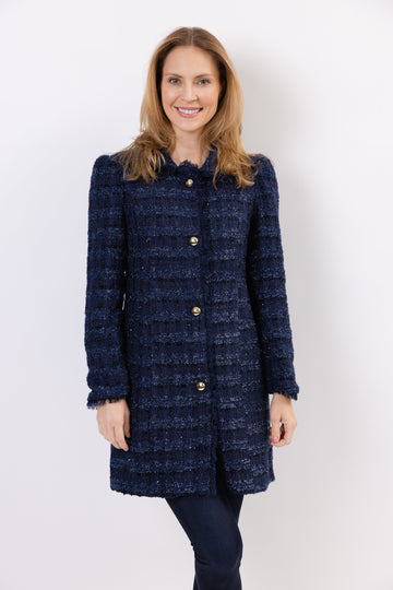 Navy Sparkle Tweed Button Front Coat