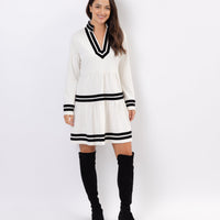 Winter White Long Sleeve Fit & Flare Tunic Dress with Black Velvet Trim