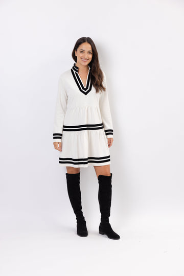Winter White Long Sleeve Fit & Flare Tunic Dress with Black Velvet Trim