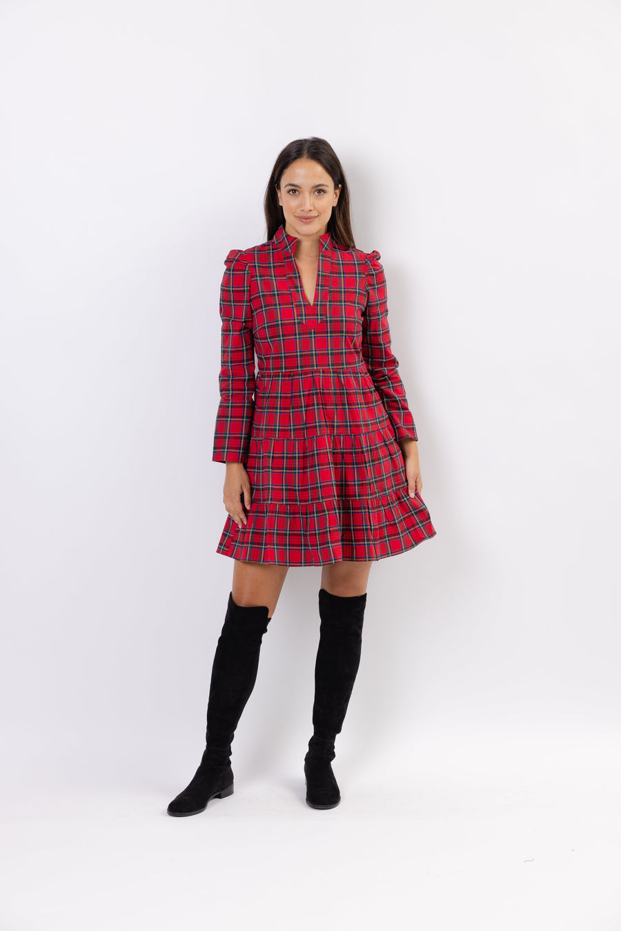 Red Plaid Long Sleeve Tunic Dress