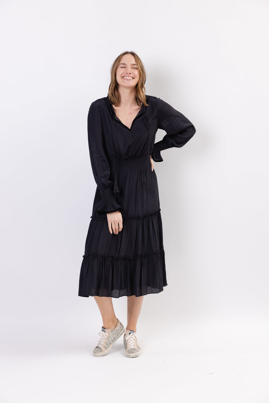 Black Long Sleeve Smocked Waist Midi Dress