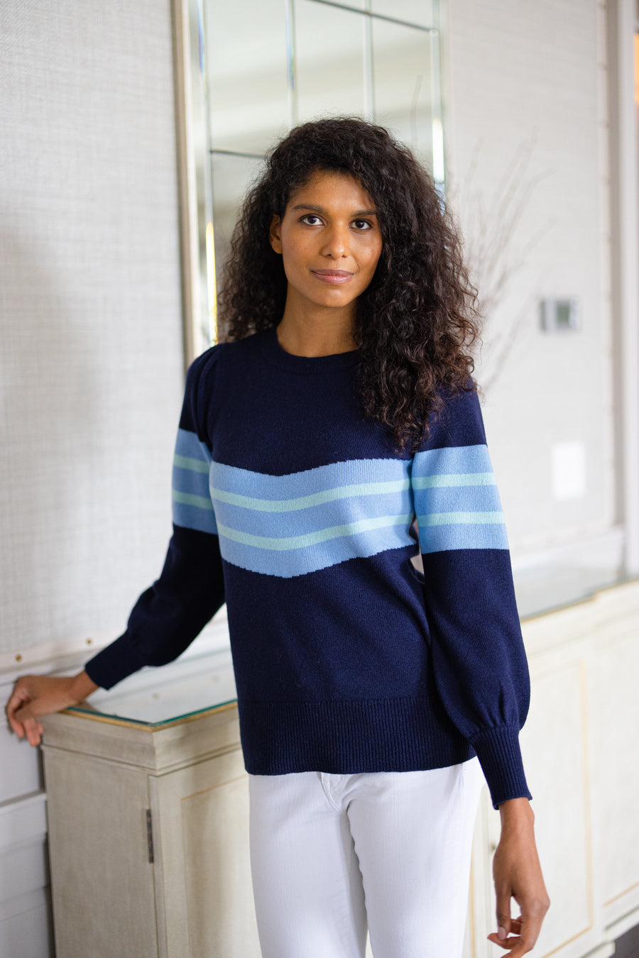 Navy Puff Sleeve Stripe Sweater