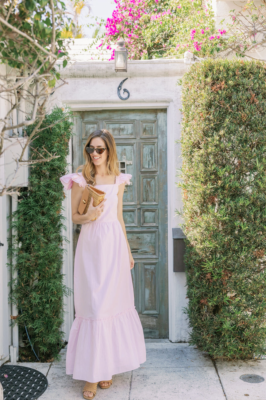 Stripe Shirting Flutter Sleeve Maxi Dress