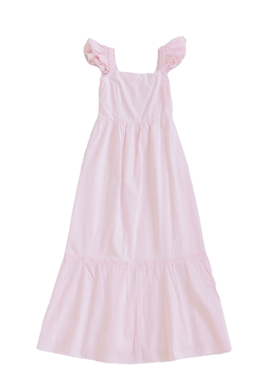 Stripe Shirting Flutter Sleeve Maxi Dress
