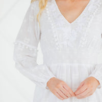 Embroidered Pom Pom Midi Dress White