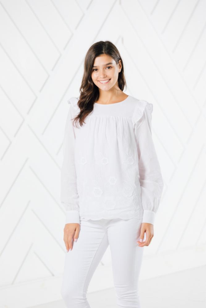 Embroidered Flutter Sleeve Long Sleeve Top