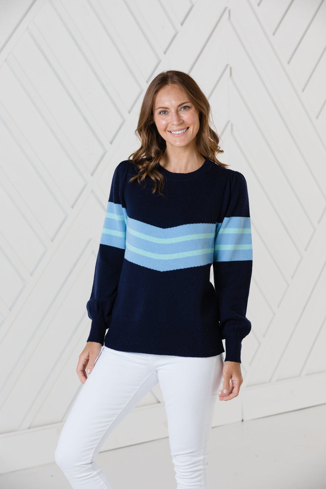 Navy Puff Sleeve Stripe Sweater