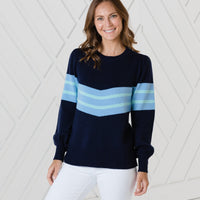 Navy Puff Sleeve Stripe Sweater