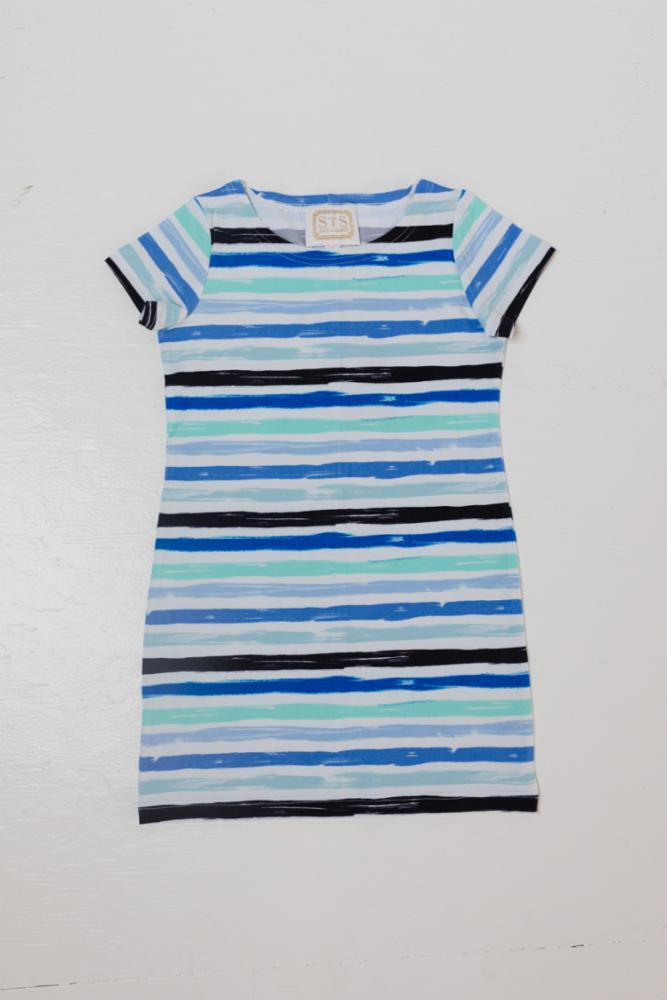 Blue Stripe Print Kids Short Sleeve Dress