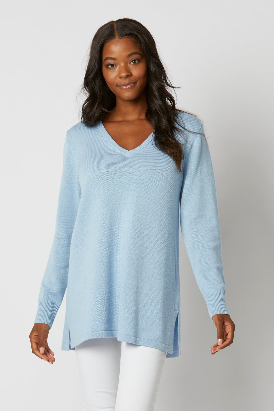 Placid Blue V Neck Tunic Sweater – Sail to Sable