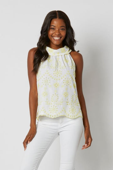 Embroidered Limelight Eyelet Cowl Neck Top