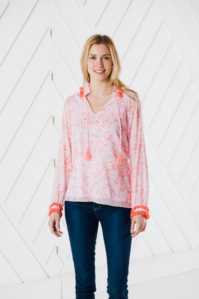 Coral Toile Ruffle Neck Top