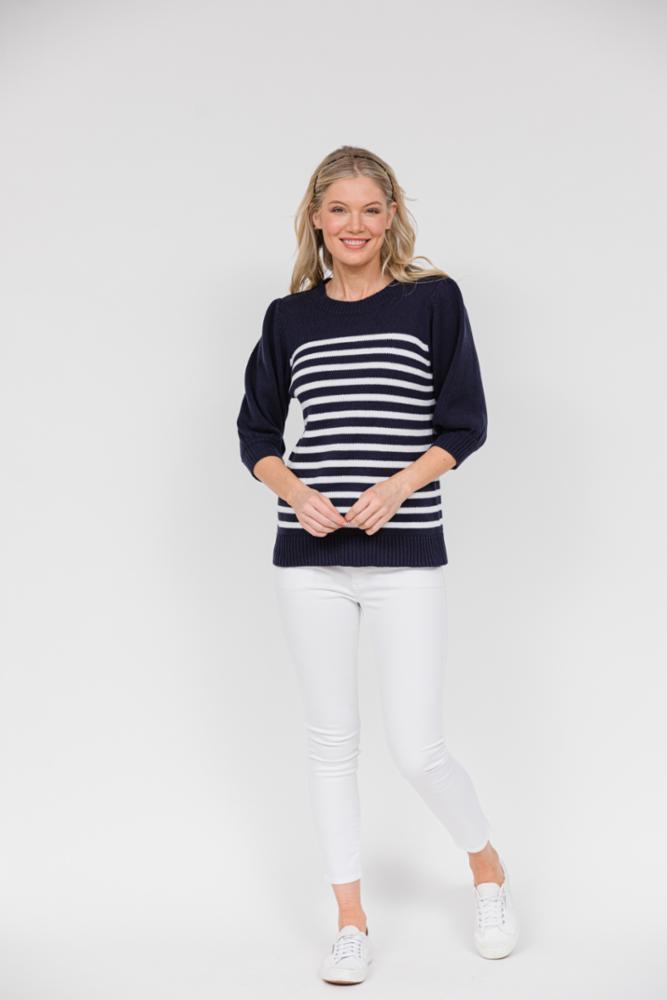 Navy & White Stripe Puff Sleeve Sweater