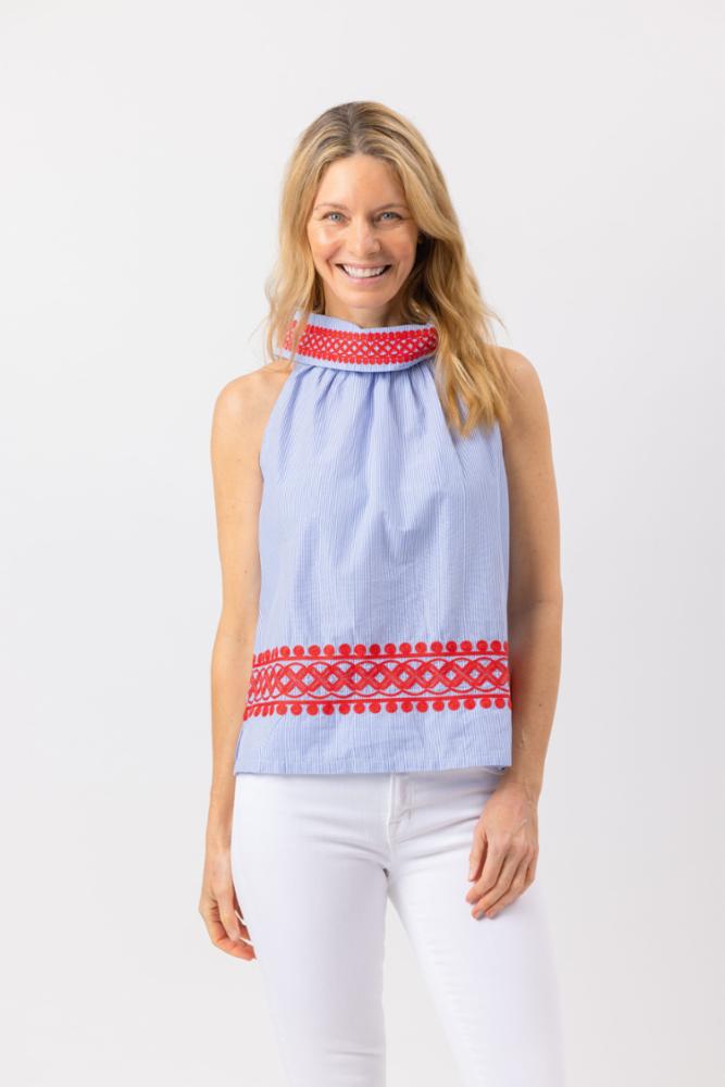 Stripe Shirting Cowl Neck Top with Red Embroidery