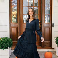 Black Long Sleeve Smocked Waist Midi Dress