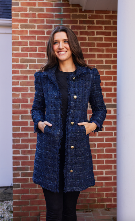 Navy Sparkle Tweed Button Front Coat
