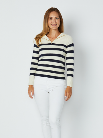 Navy & White Striped Zip Front Sweater