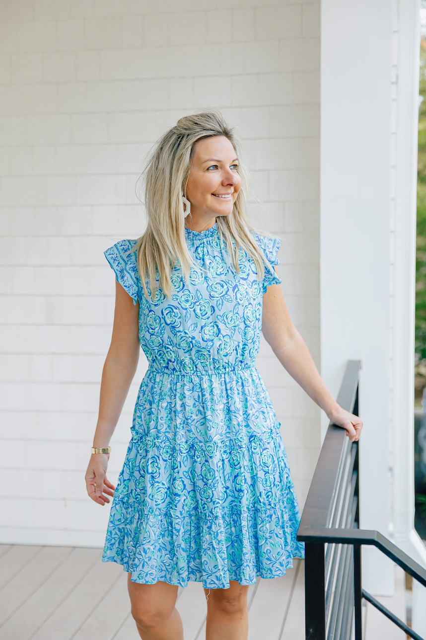 Blue Multi Ruffle Neck Dress