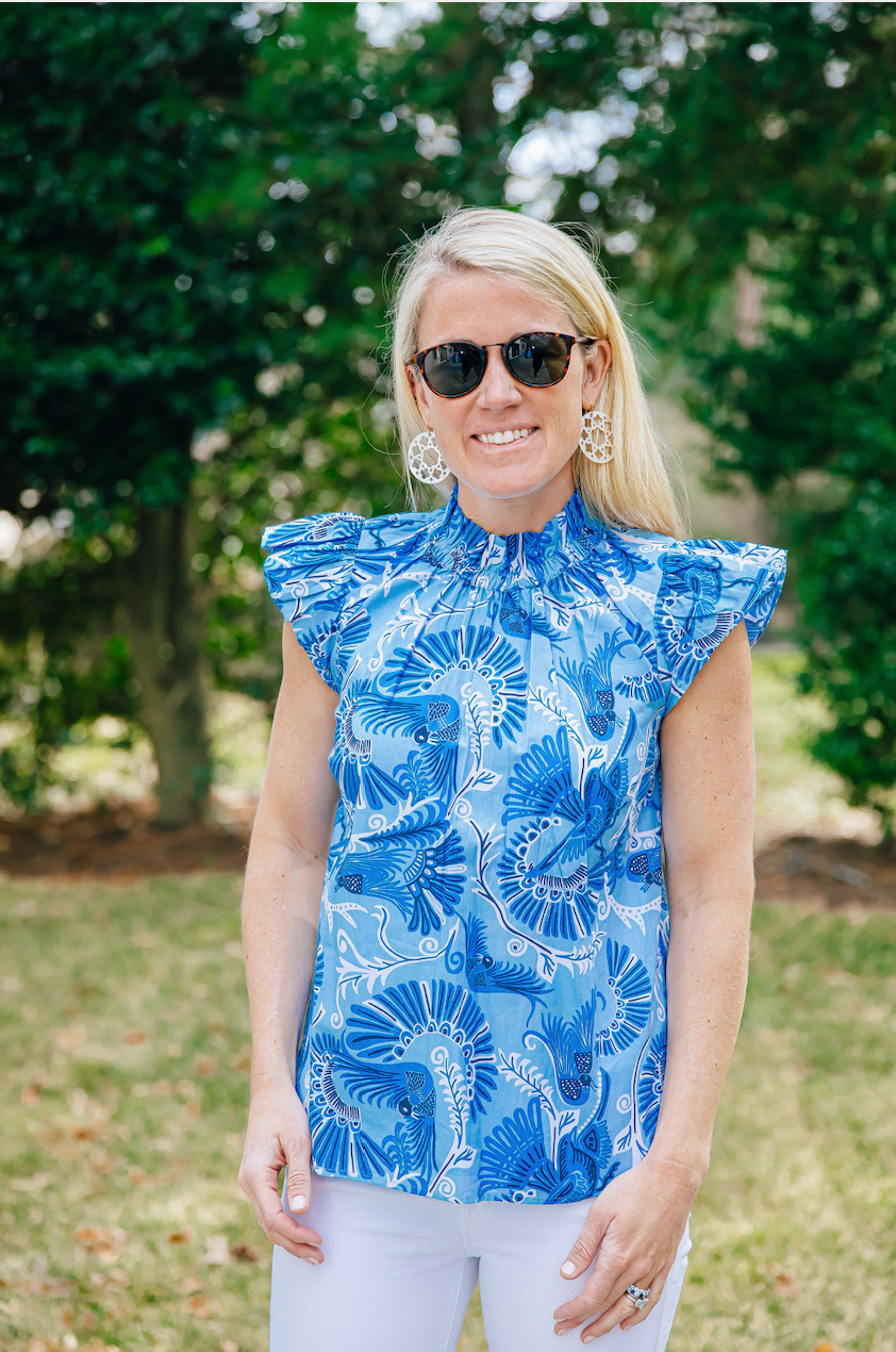 Blue CKB Print Flutter Sleeve Top