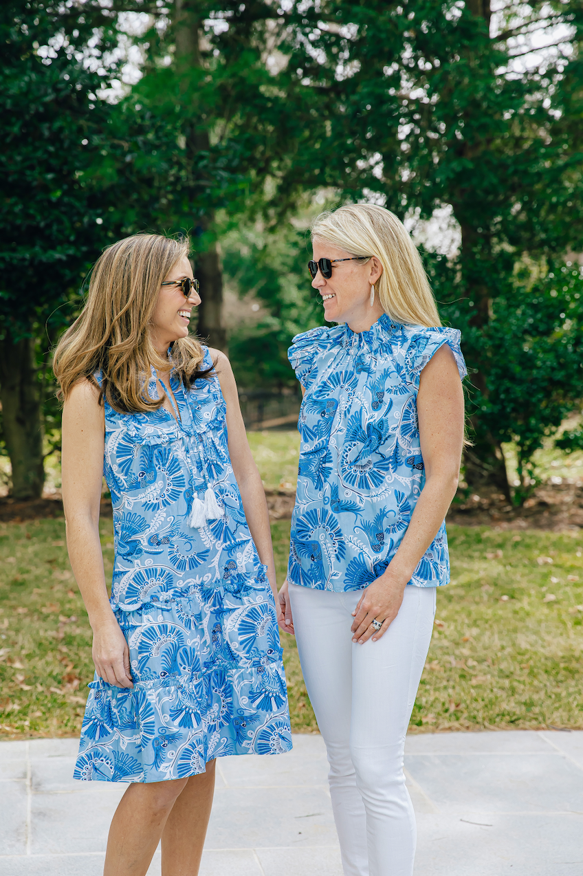 Blue CKB Print Sleeveless Bib Dress with Tassels