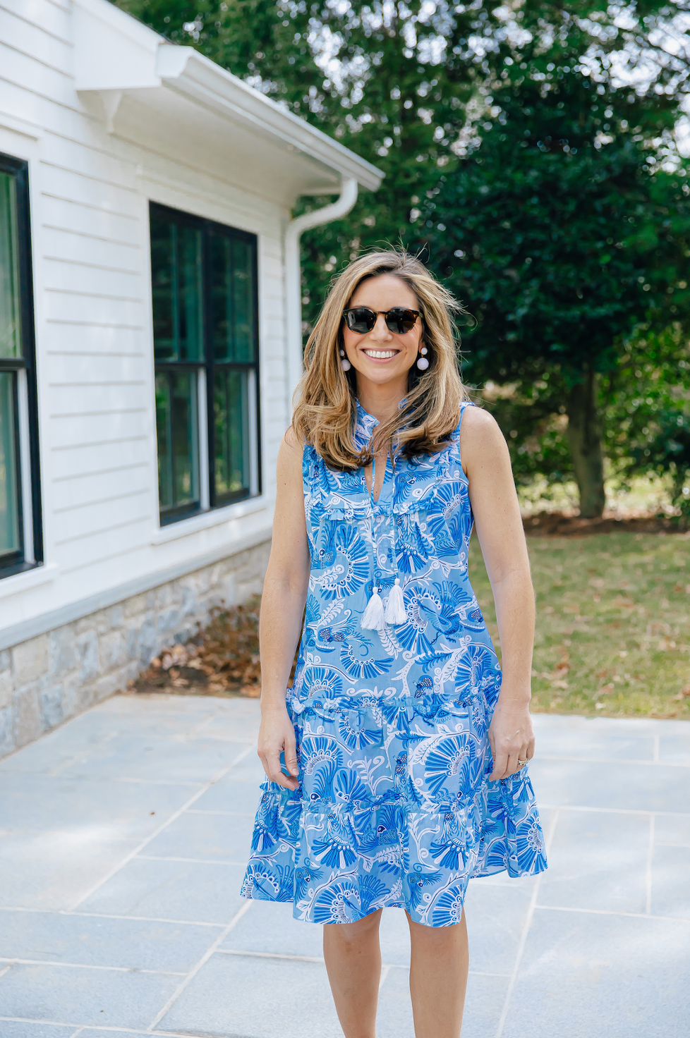 Blue CKB Print Sleeveless Bib Dress with Tassels