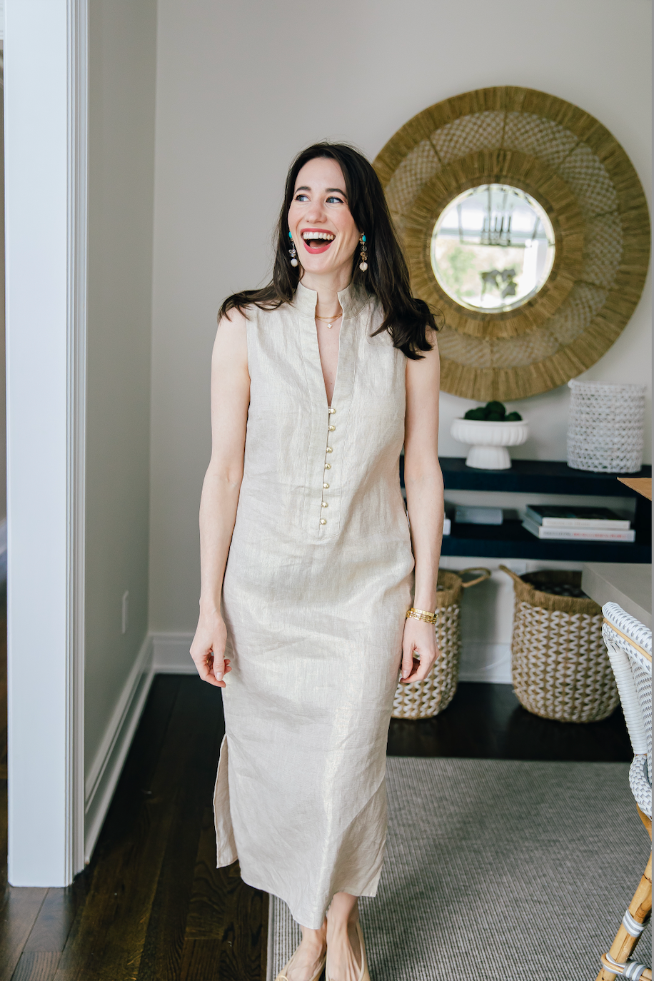 Gold Linen Button Front Midi Dress