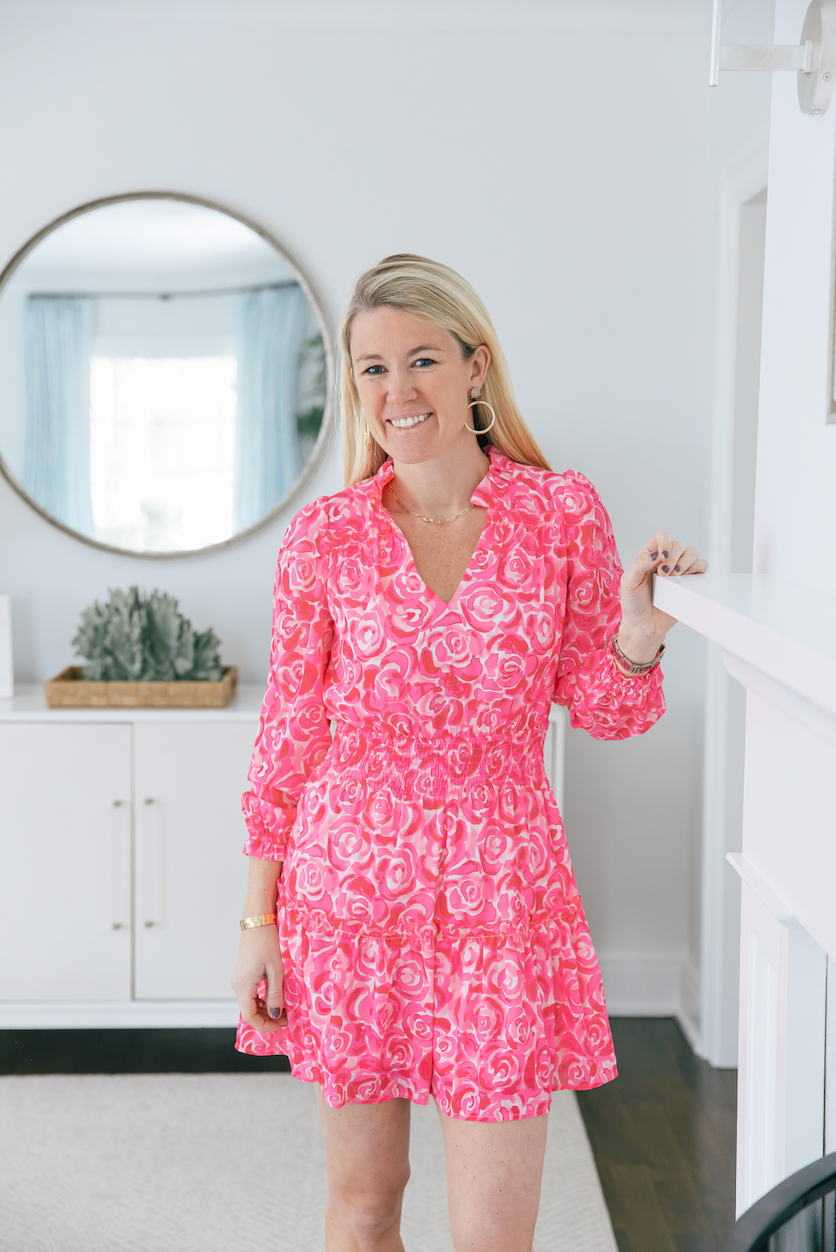 Pink Rose Long Sleeve Smocked Waist Dress