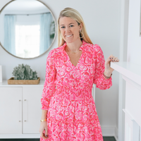 Pink Rose Long Sleeve Smocked Waist Dress