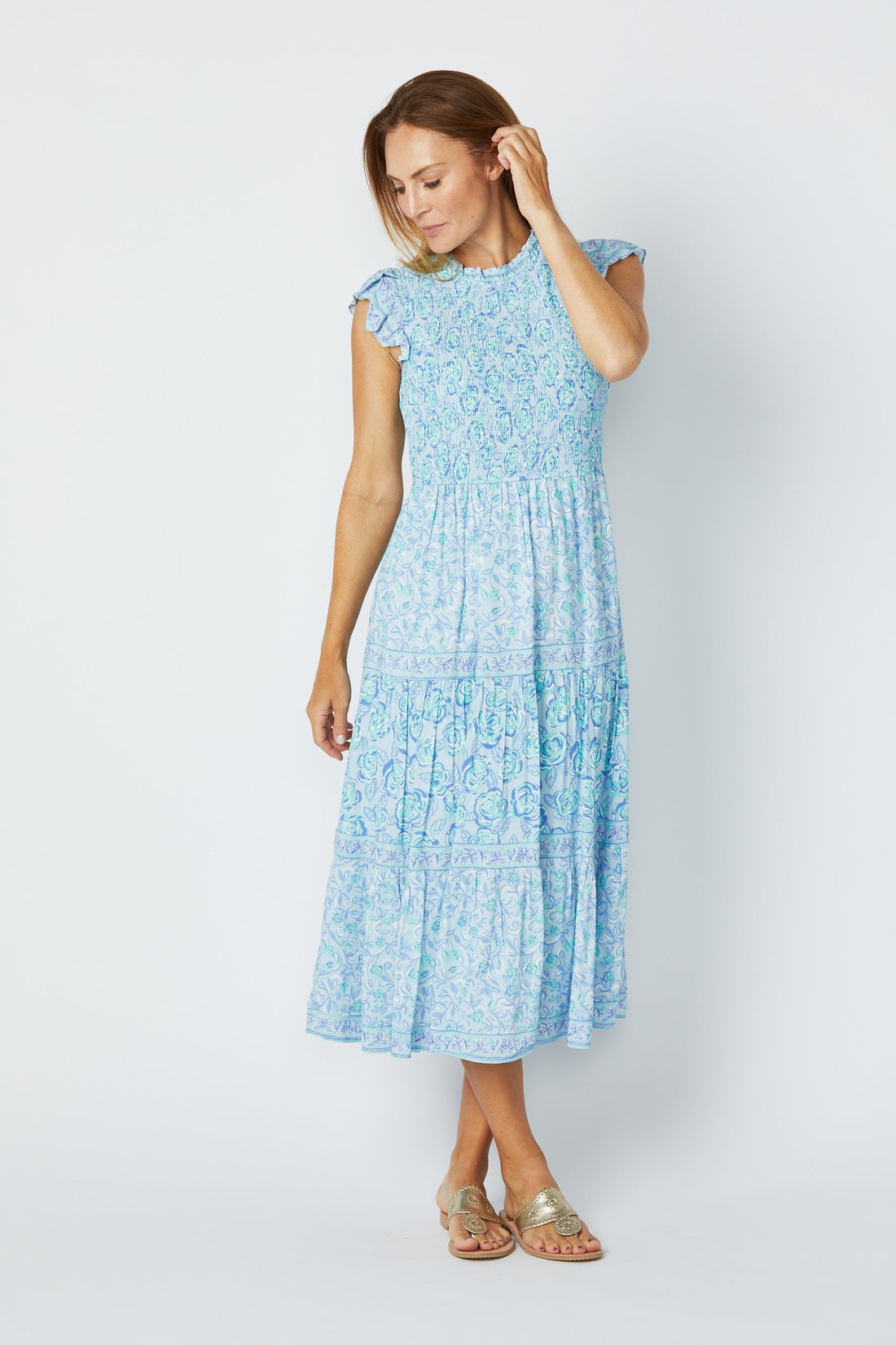 Blue Multi Smocked High Neck Midi Dress