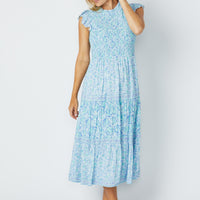 Blue Multi Smocked High Neck Midi Dress
