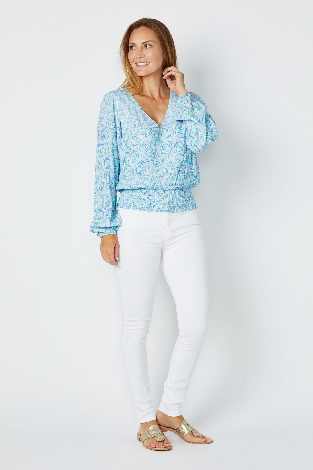 Blue Multi Smocked Waist V-Neck Top
