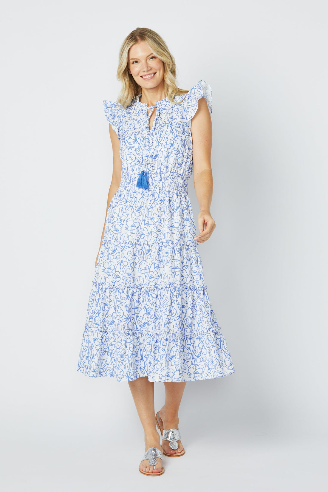 Floral Vine Print Flutter Sleeve Midi Dress
