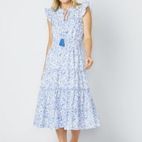 Floral Vine Print Flutter Sleeve Midi Dress