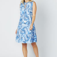 Blue CKB Print Sleeveless Bib Dress with Tassels