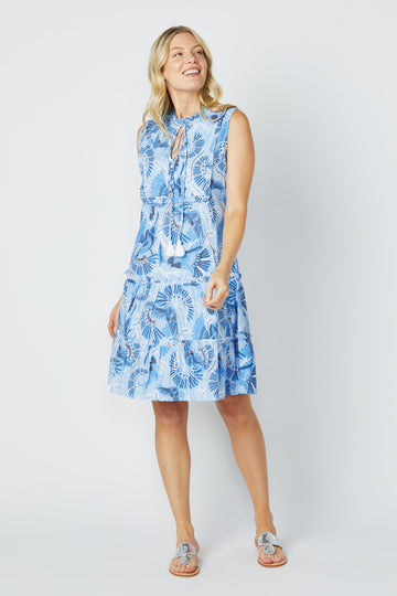 Blue CKB Print Sleeveless Bib Dress with Tassels