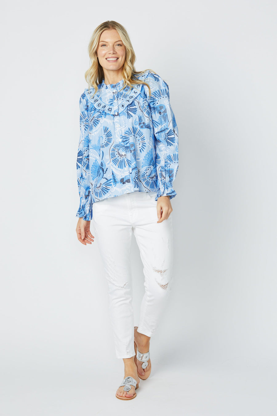 Blue CKB Print Long Sleeve Ruffle Top