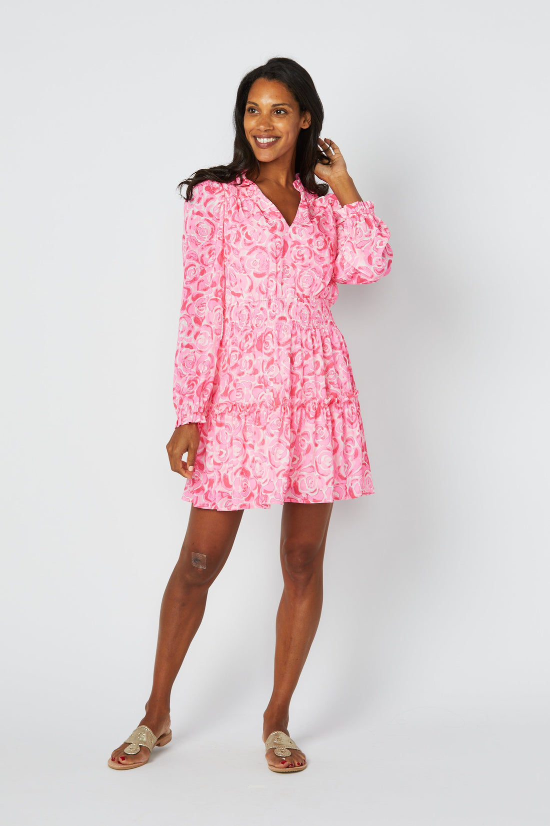 Pink Rose Long Sleeve Smocked Waist Dress