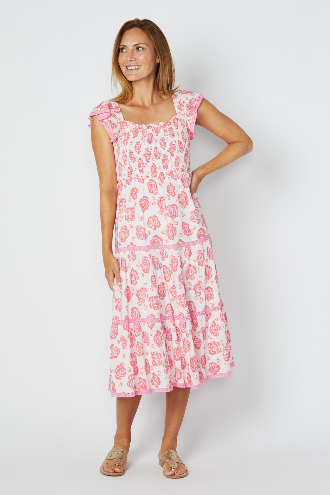 Pink Rose Print Flutter Sleeve Smocked Midi Dress