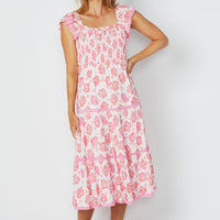 Pink Rose Print Flutter Sleeve Smocked Midi Dress