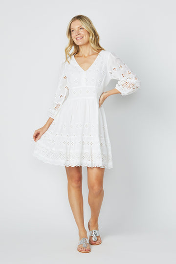 White Eyelet Long Sleeve Side Smocked Dress