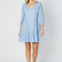 Floral Eyelet Button Front Puff Sleeve Dress