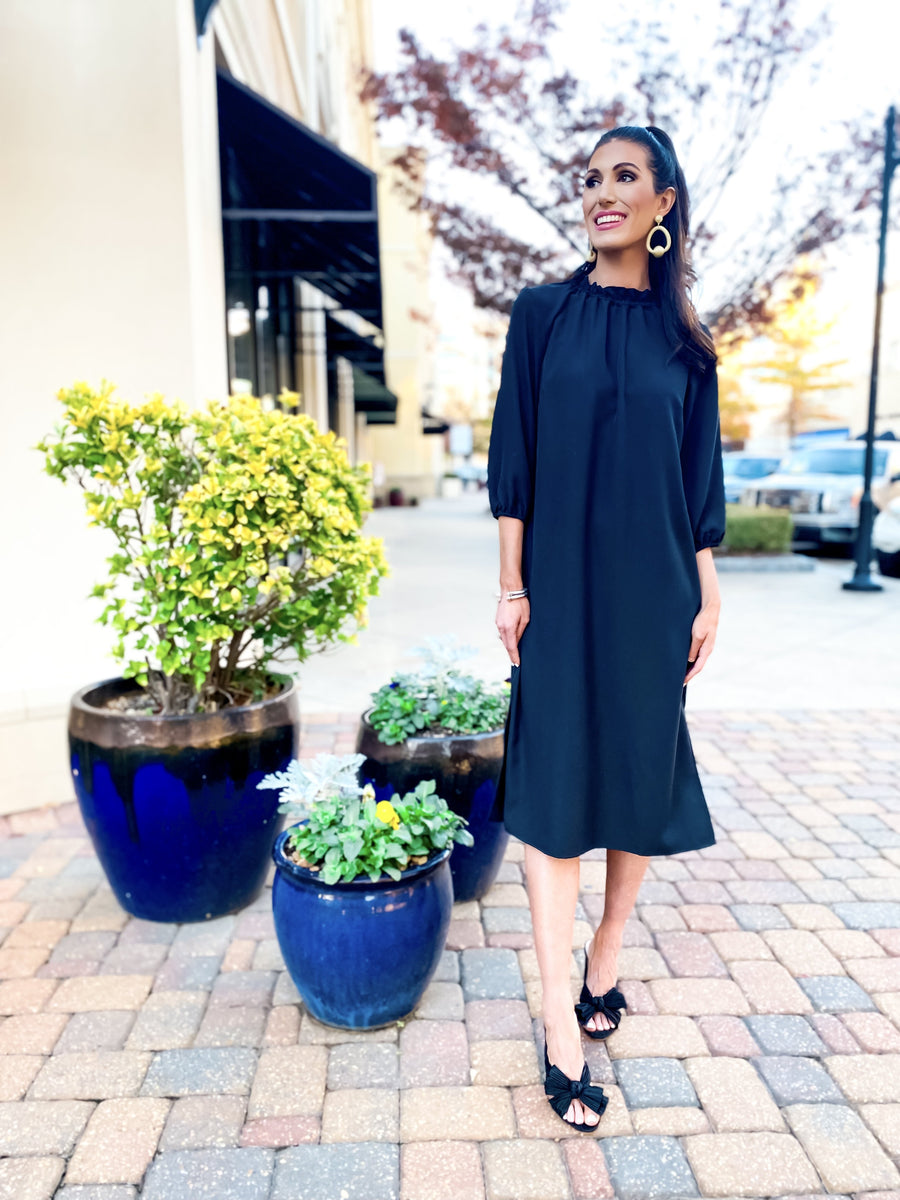 Sail to Sable Ruffle Neck Midi Dress Black / XXS / MH2121 Sail to Sable Ruffle Neck Midi Dress Black / XXS / MH2121